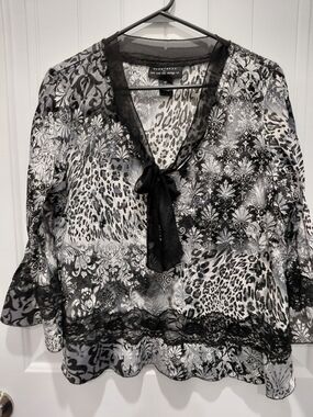 Semi-Sheer Black & White Tie-Neck Mixed Print Blouse #0716